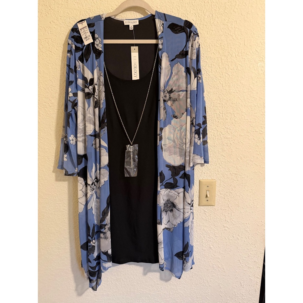 Luxology Womens 1X Blue Floral Cardigan Black Dress 2pc Set with Necklace NEW
